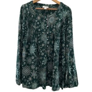 NEW J. Jill Large Petite Green Snowflake Print Henley Long Sleeve Blouse